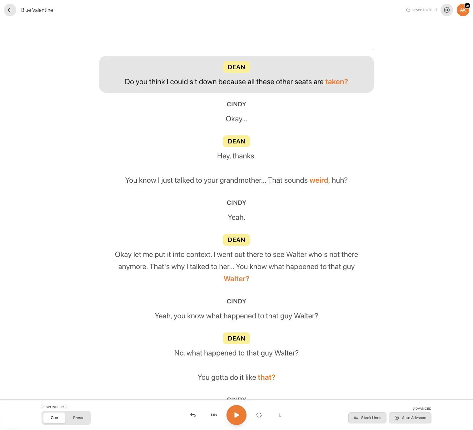Linus line reader app for actors on the web showing script rehearsal in a browser